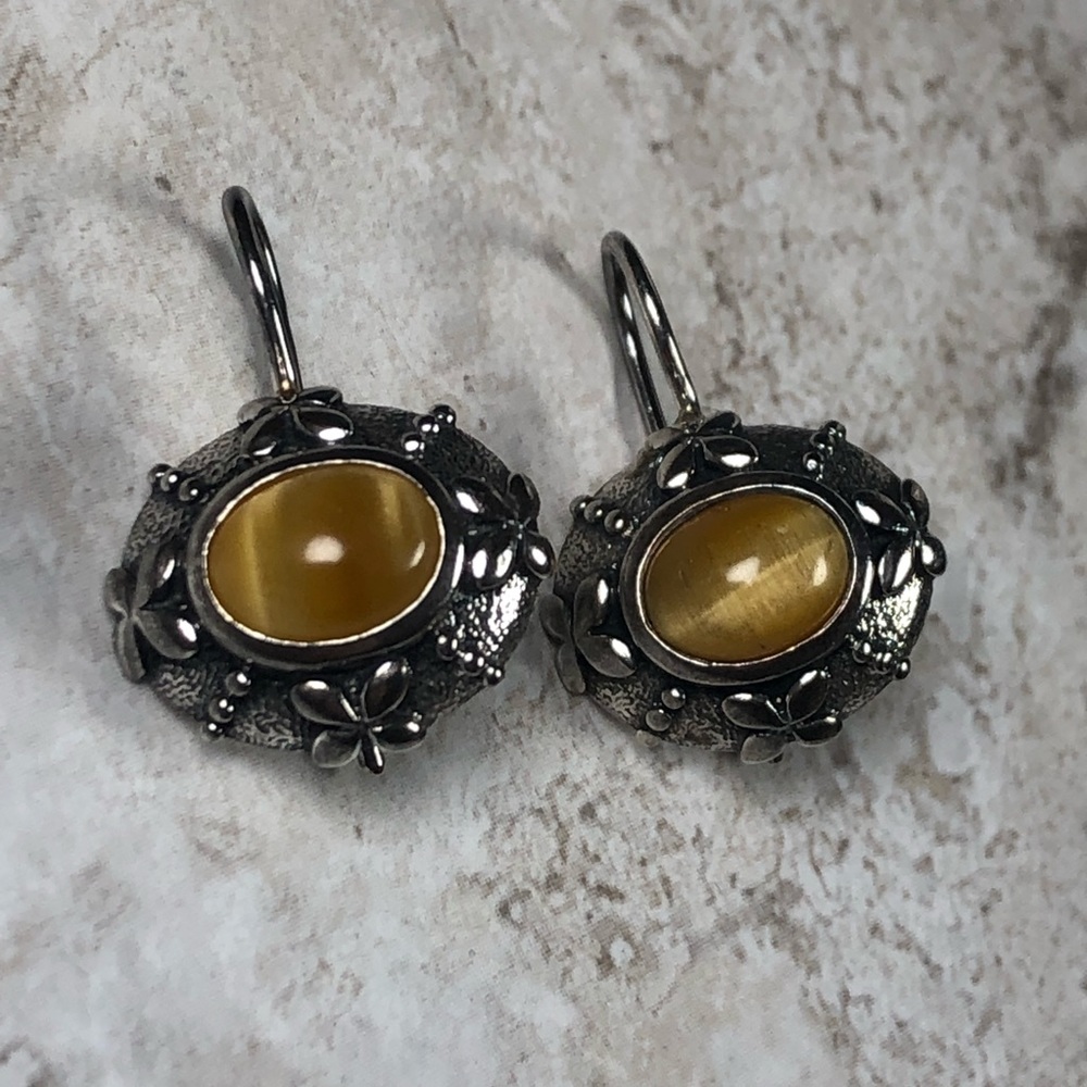 Vintage  925 Sterling Tigers Eye Drop Earrings